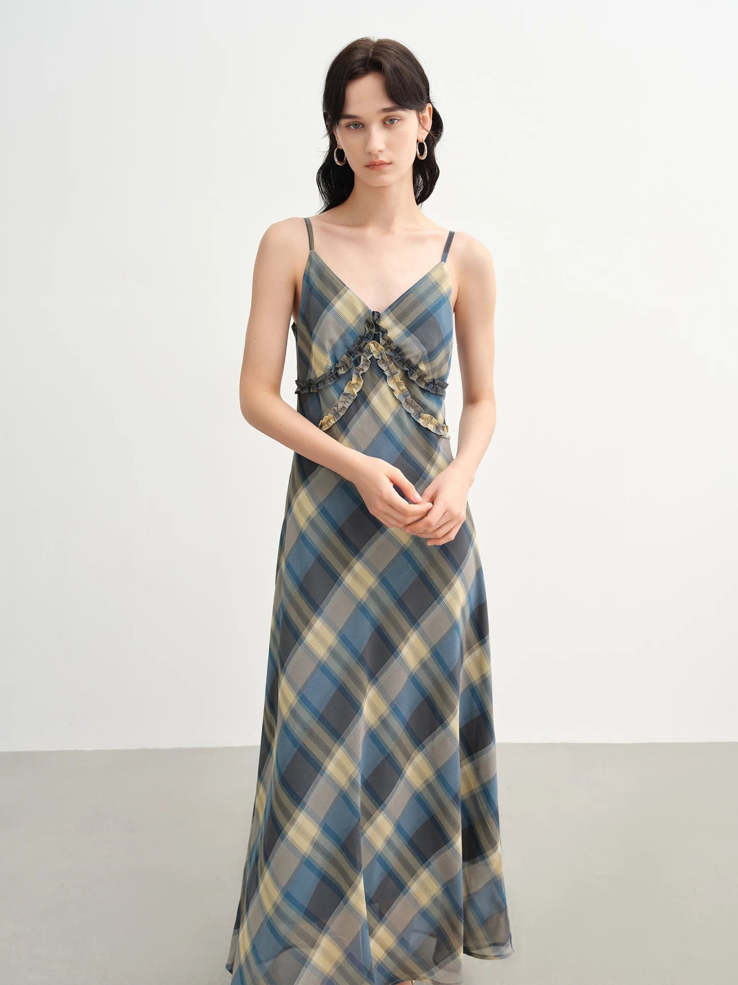 DUSHU 2025 Summer Women's Floral Checkered Maxi Dress - Curve-Flattering Ruffle Trim & A-Line Silhouette for Elegant Occasions