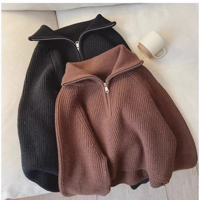 Thickened Knit 2024 New Sensibility Zipper Up Loose Fit Slimming Lapel Sweater Top For Women Autumn/Winter Age-Reducing Design