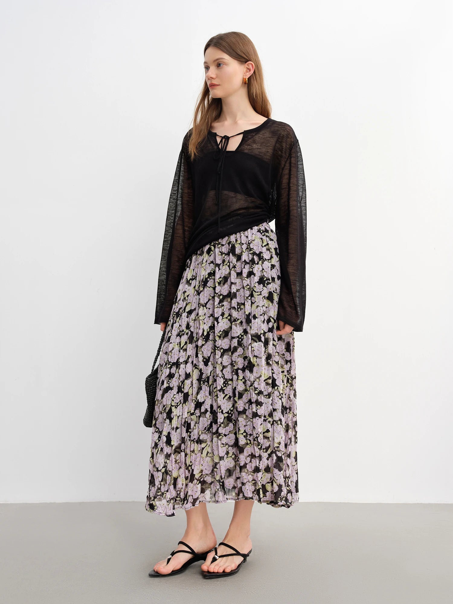DUSHU Summer 2025 Textured Midi Skirt - Vintage Relaxed Fit Flowy Maxi Skirt with Elastic Waist for Resort to Office