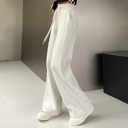 Women Basic White-gray Black Elastic Sports Trousers Lady Wide Leg Straight Leg Pants Female Versatile High Waisted Sweatpants