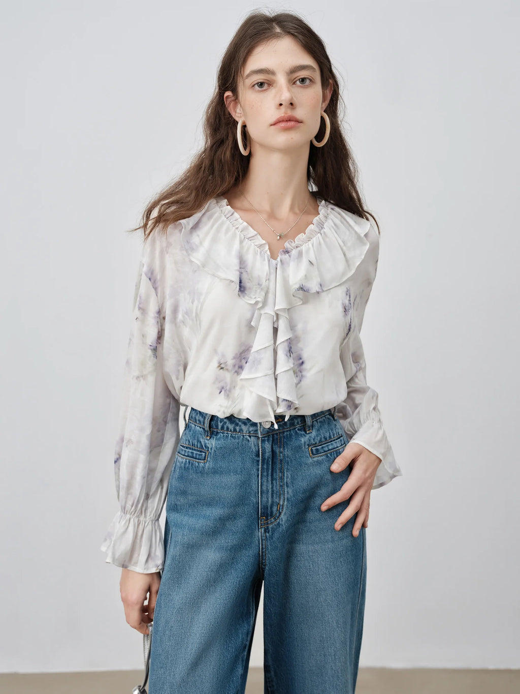ZIQIAO 2025 Summer Petite Women Wisteria Floral Print V-Neck Blouse - Flowy Draped Ruffle Trim Sleeve Shirt for Elegant Outfits