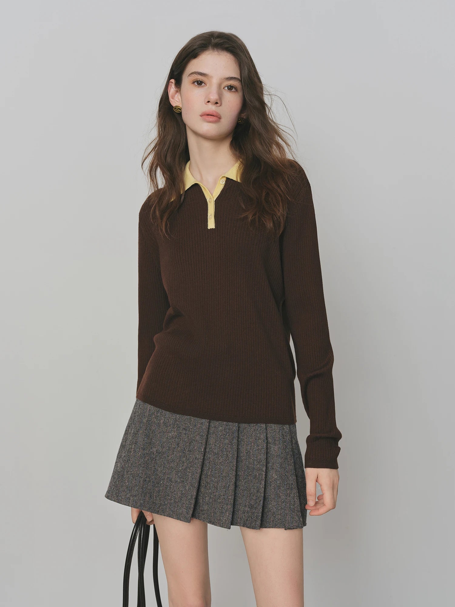 FSLE Silk and Wool Color Clash Polo Collar Knit Sweater for Women 2025 New Versatile Top Pullovers