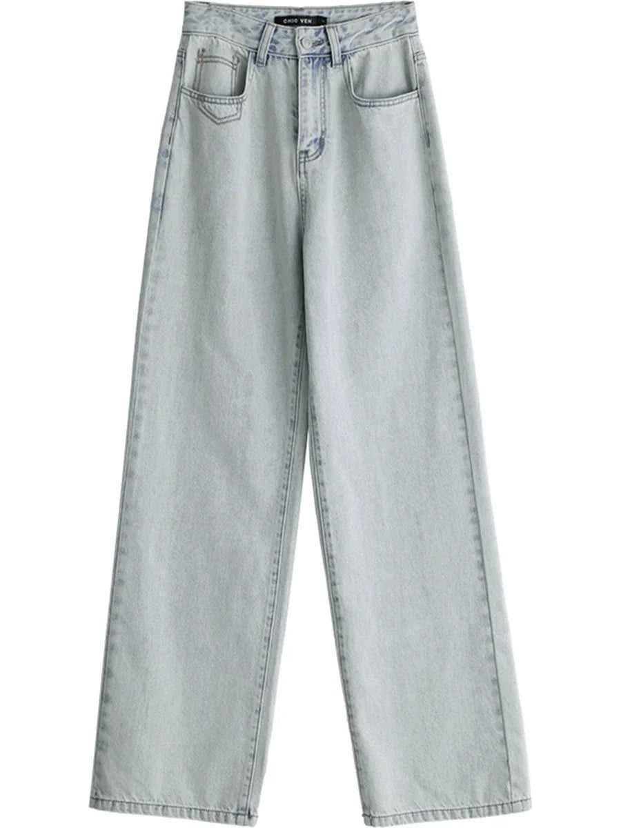 CHIC VEN Women Jeans Casual New High Waisted Cotton Straight Wide Leg Trousers Female Long Denim Pants Spring Autumn 2024