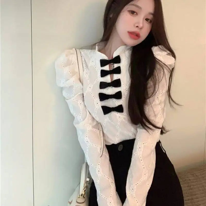 Women's shirt French bow design sense small long sleeve shirt 2024 spring and autumn new slim lace top