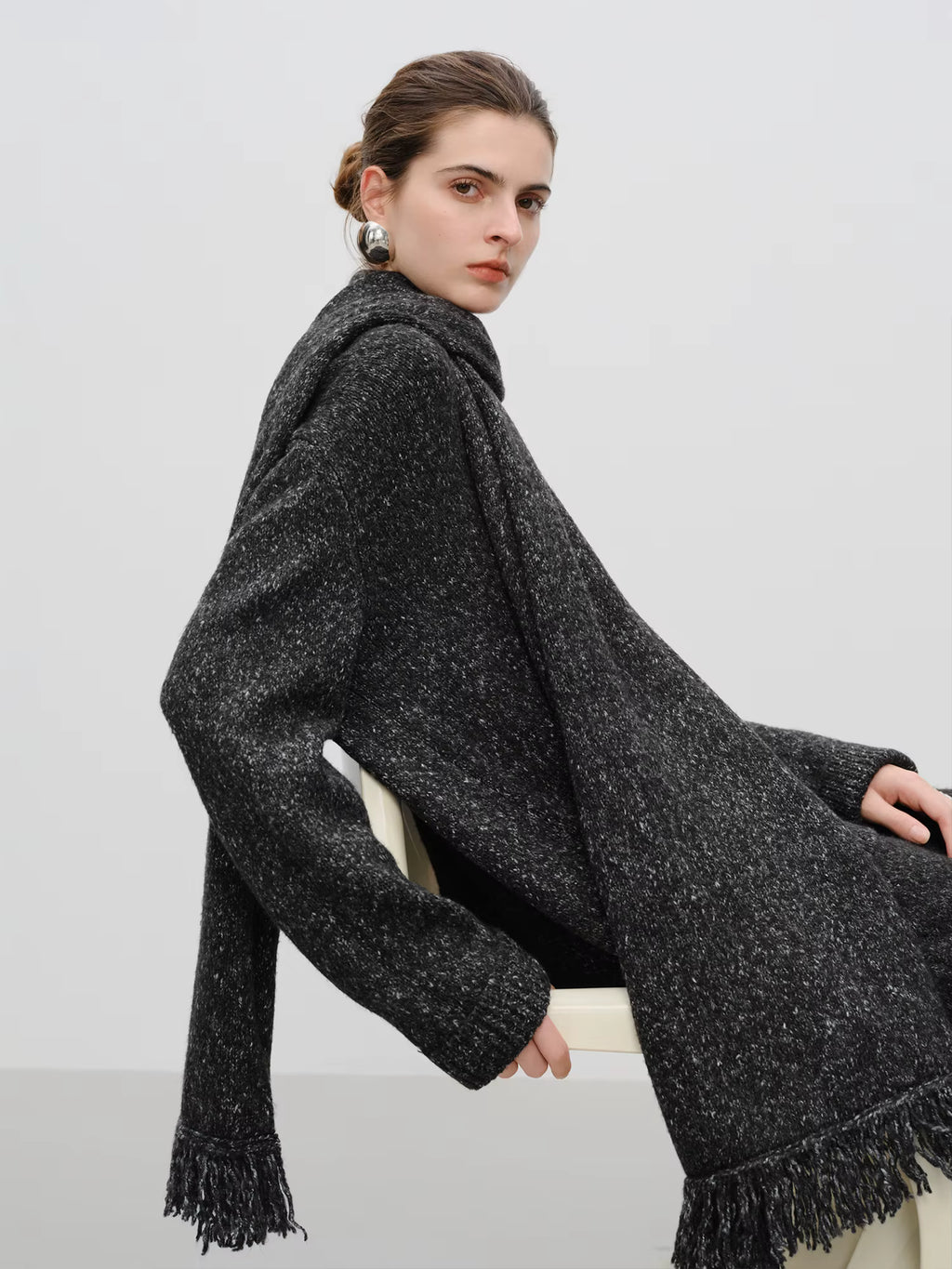 【Premium Series】Autumn Winter V-Neck Knitwear Women Yarn Dyed Cardigan Midi Skirt Two Piece Set Oversize Comfy with Scarf