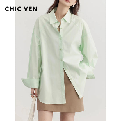 CHIC VEN Women Shirt Solid Long Sleeve Loose New Casual Lapel Female Blouses Mid Length Female Tops Spring Summer 2024