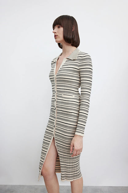 Ethereal  2023  autumn new style of French style skinny treasure dress with striped lapel