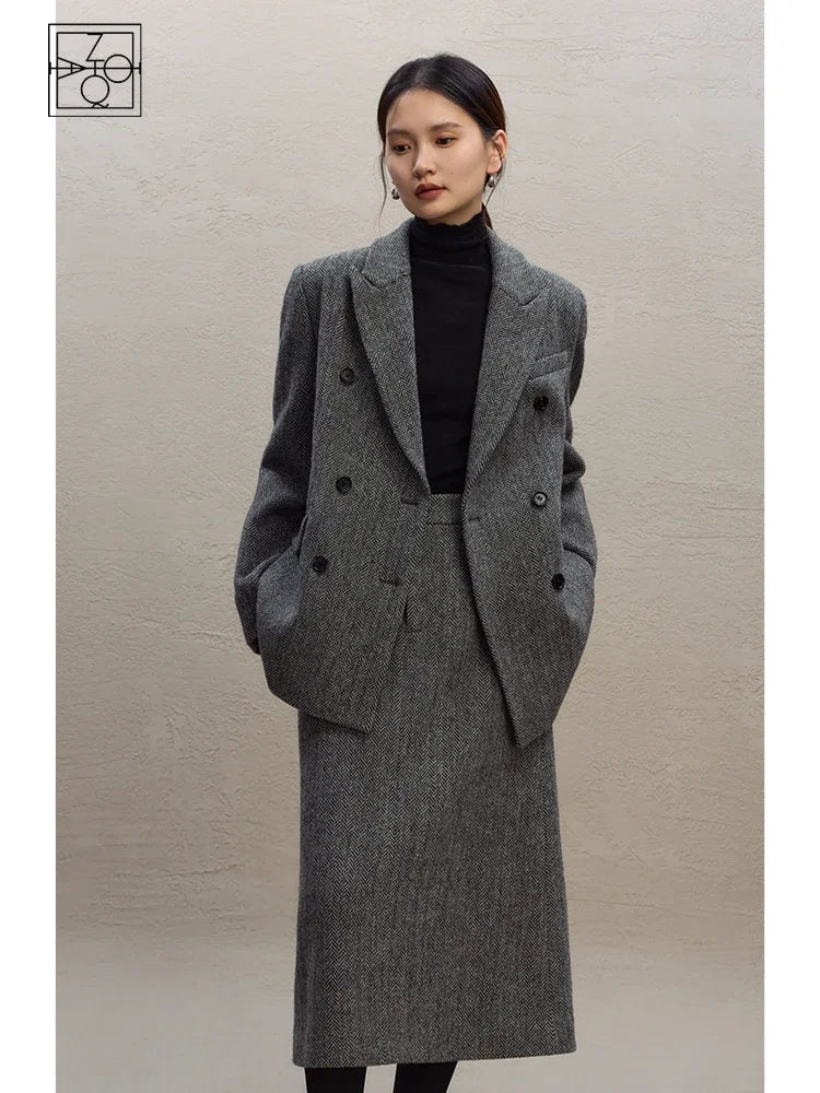 ZIQIAO Petite Herringbone Pattern Woolen Suit Half Skirt Set For Women's 2023 Winter New Shoulder Jacket Casual Loose Jacket