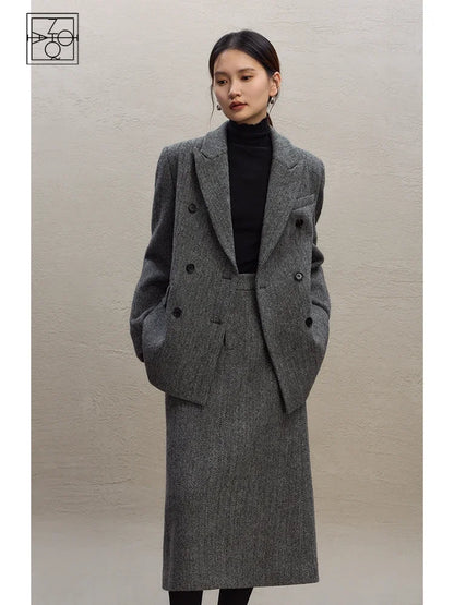 ZIQIAO Petite Herringbone Pattern Woolen Suit Half Skirt Set For Women's 2023 Winter New Shoulder Jacket Casual Loose Jacket