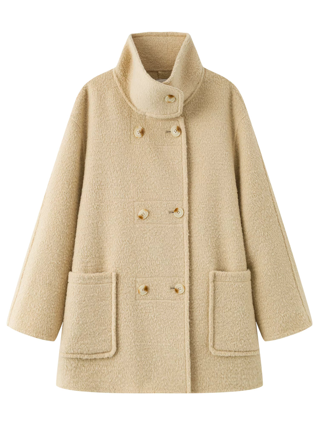 Oatmeal Stand Collar Double-breasted Patch Pocket Woolen Coat 2025 Winter Woolen Coat Simple Sweet Temperament Korean