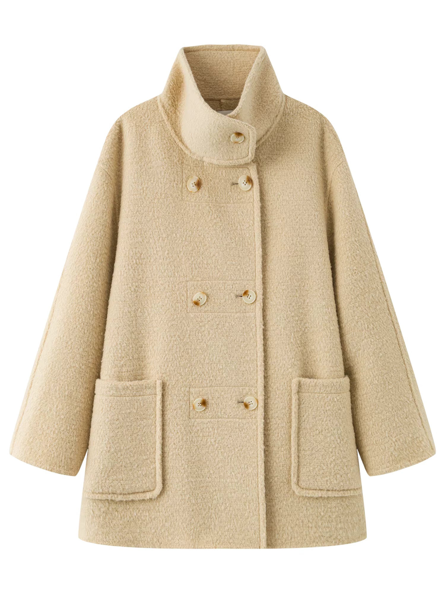 Oatmeal Stand Collar Double-breasted Patch Pocket Woolen Coat 2025 Winter Woolen Coat Simple Sweet Temperament Korean