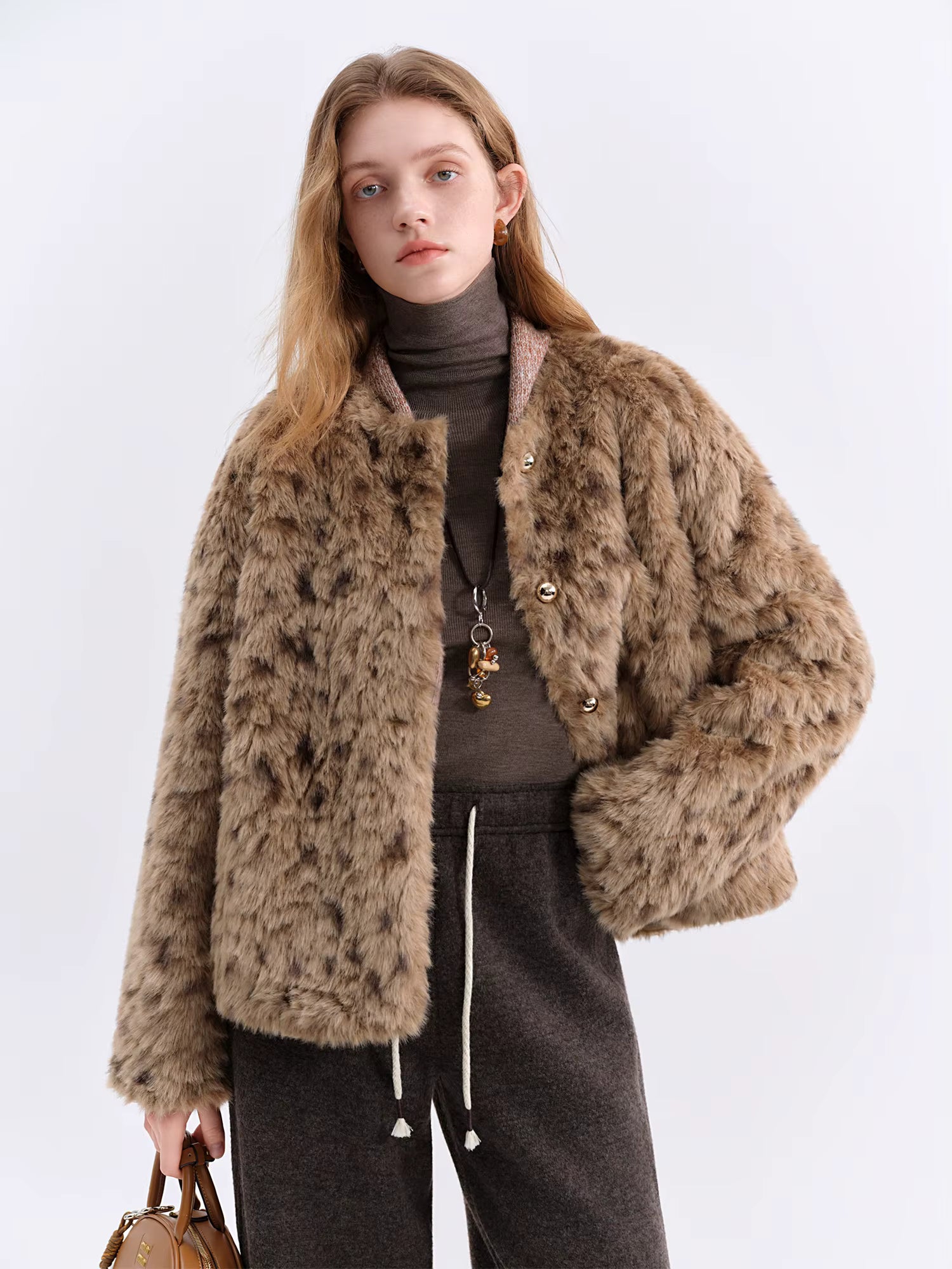 Chestnut Brown Leopard Print Women Faux Fur Stylish A-Line Trench Coat Fall Winter 2025 New Arrival Cozy Winter Essentials