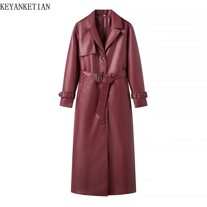 KEYANKETIAN 2024 New Launch Women's Burgundy Faux Leather Coat Retro Fashion With Belt Pockets Loose Extended Overcoat Outerwear