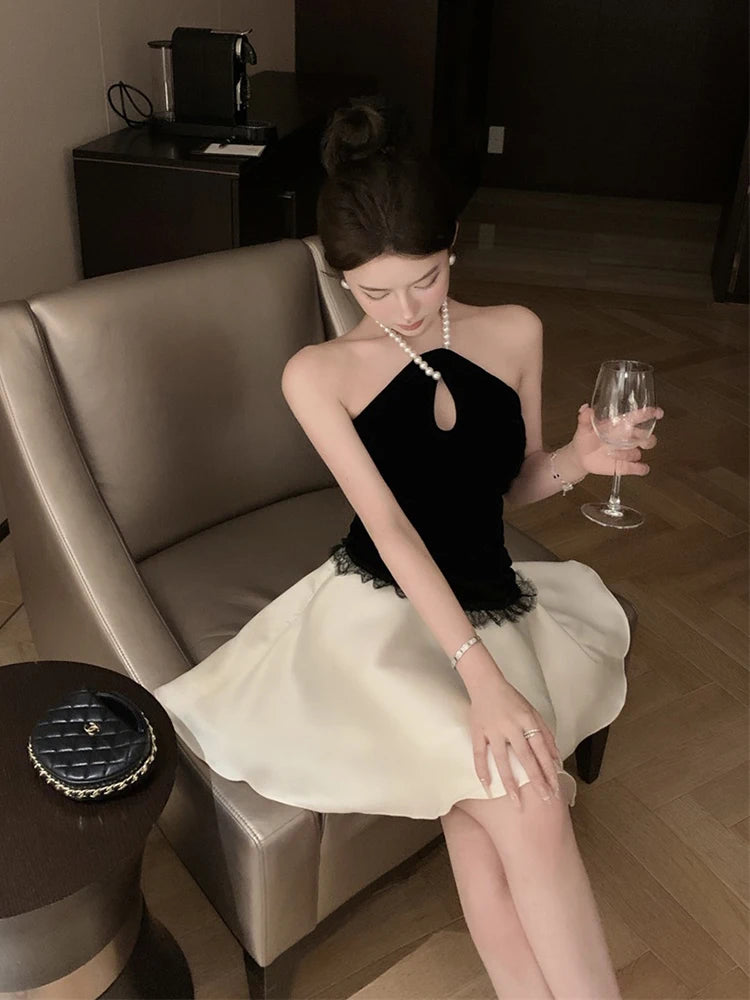 REDDACHiC Pearl Halter Mini Evening Dress Women Satin Stitch Lace Trim Ruffle Puffy Princess Dress Birthday Party Formal Clothes