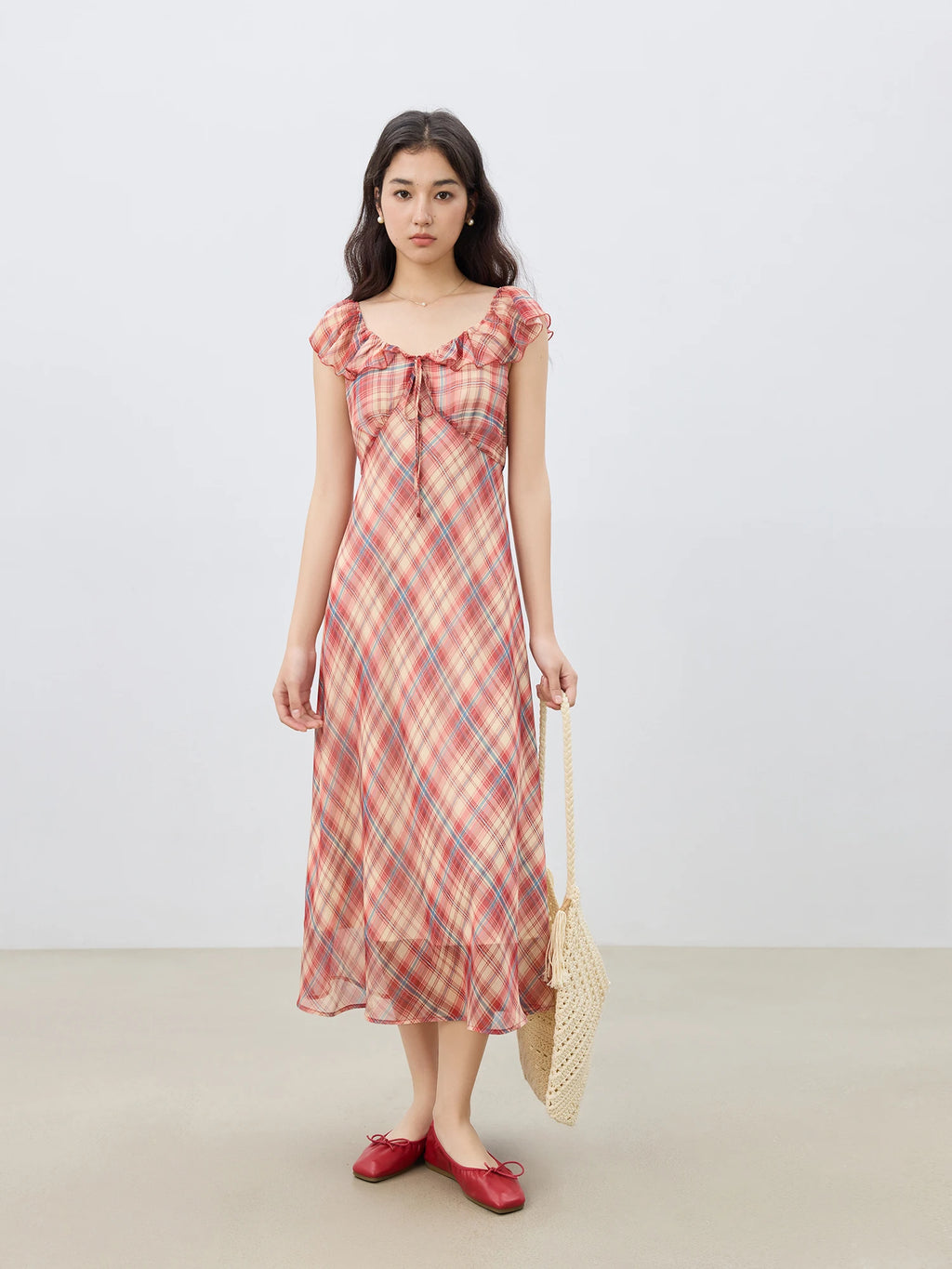 ZIQIAO Petite Red Gingham Chiffon Maxi Dress 2025 Summer Waist-Defining Tropical Resort Day-to-Night Elegance Dress