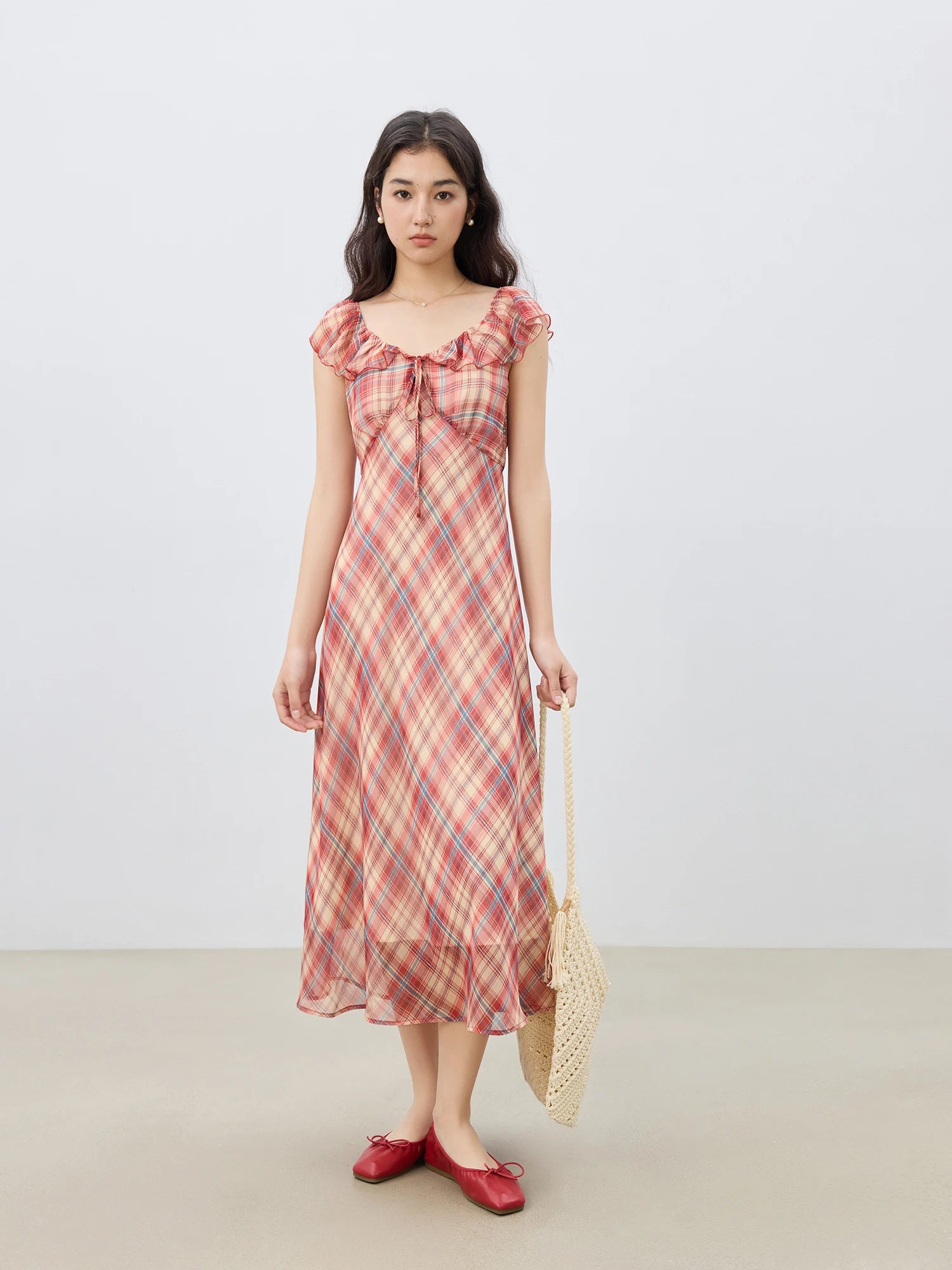 ZIQIAO Petite Red Gingham Chiffon Maxi Dress 2025 Summer Waist-Defining Tropical Resort Day-to-Night Elegance Dress