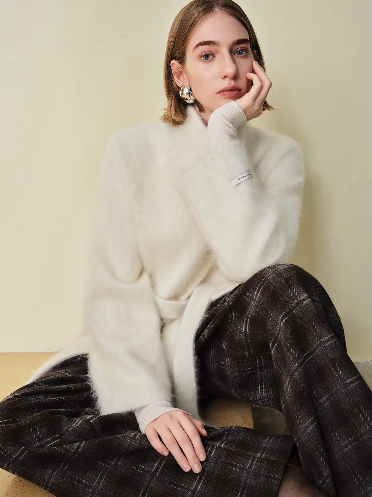 【Premium Series】Women's Brushed Cashmere Short Coat with Asymmetric Placket Stand Collar - Winter Warm Overcoat for Daily