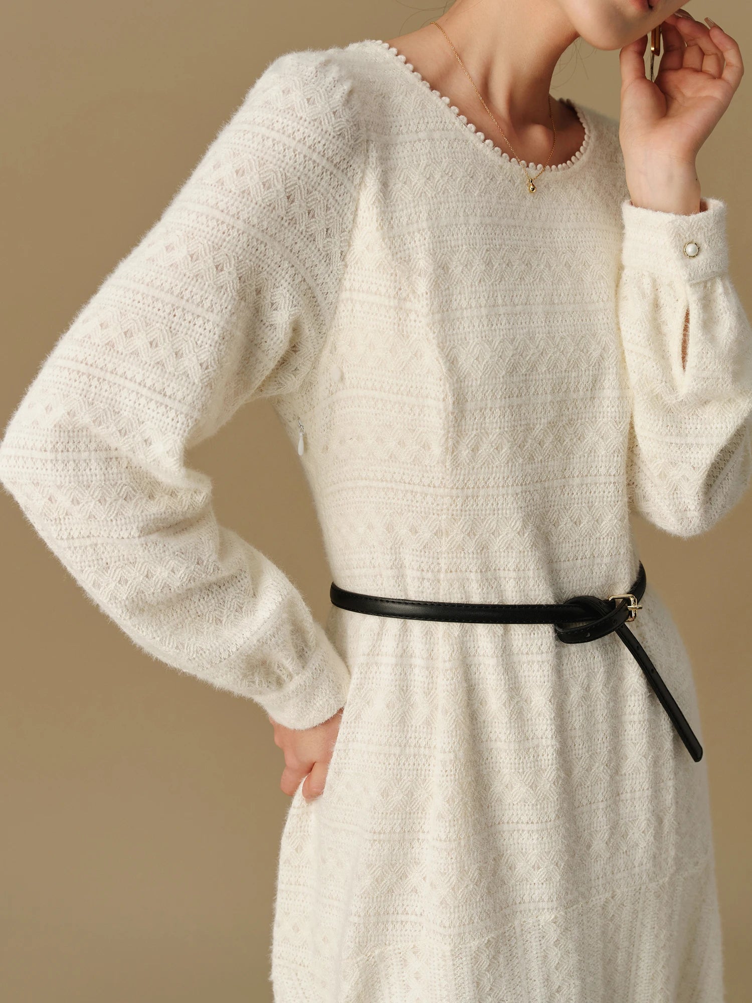 DUSHU Women Winter Lace Dress Long Sleeve Temperament Beige X-LINE Dress Without Sashes Female Gentle Winter Dresses 24DS84430