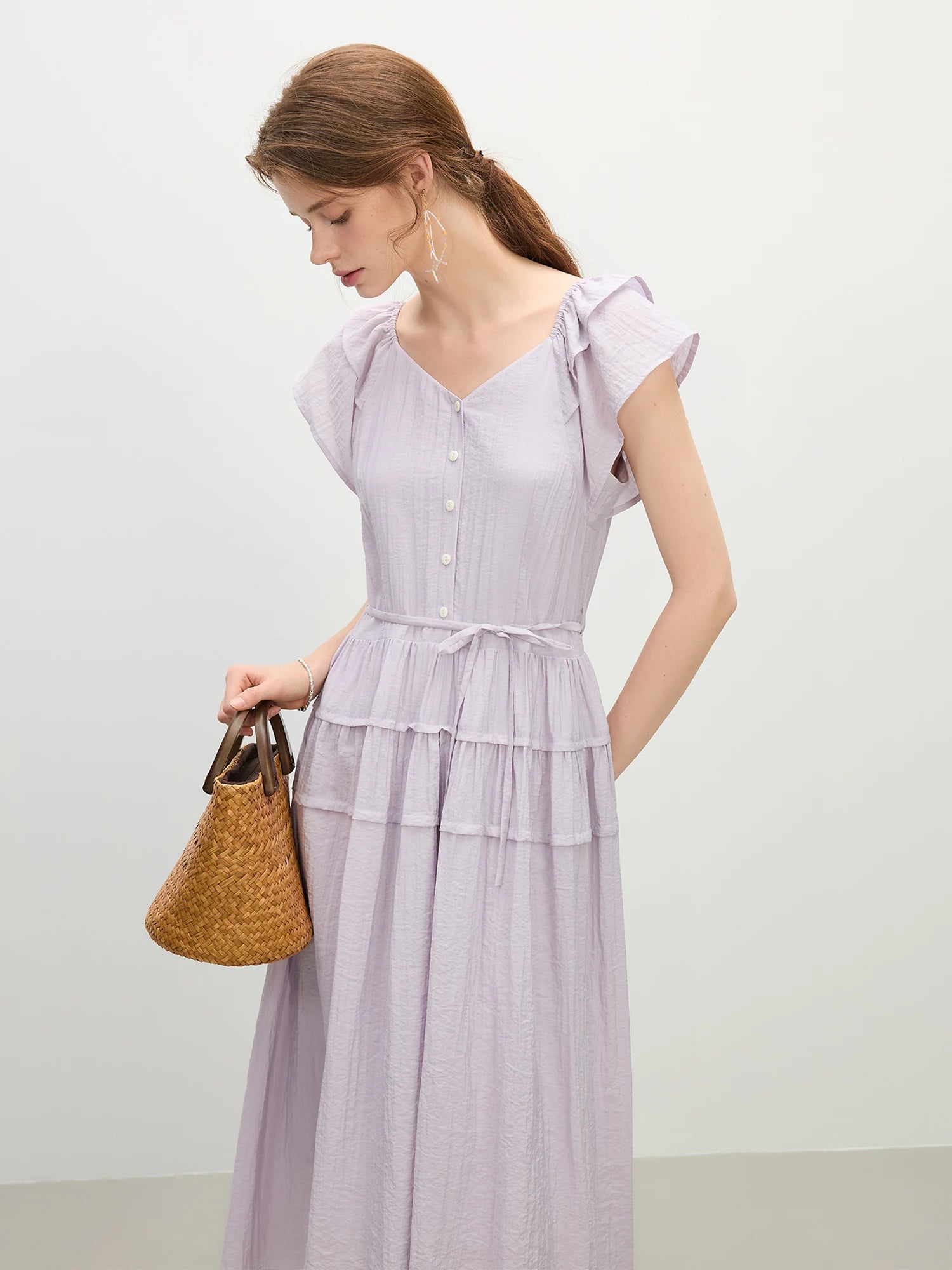 FSLE 2025 Summer Women's French-Inspired Square Neck Dress - Flutter Sleeve Contrast Panels & Elegant Midi Silhouette