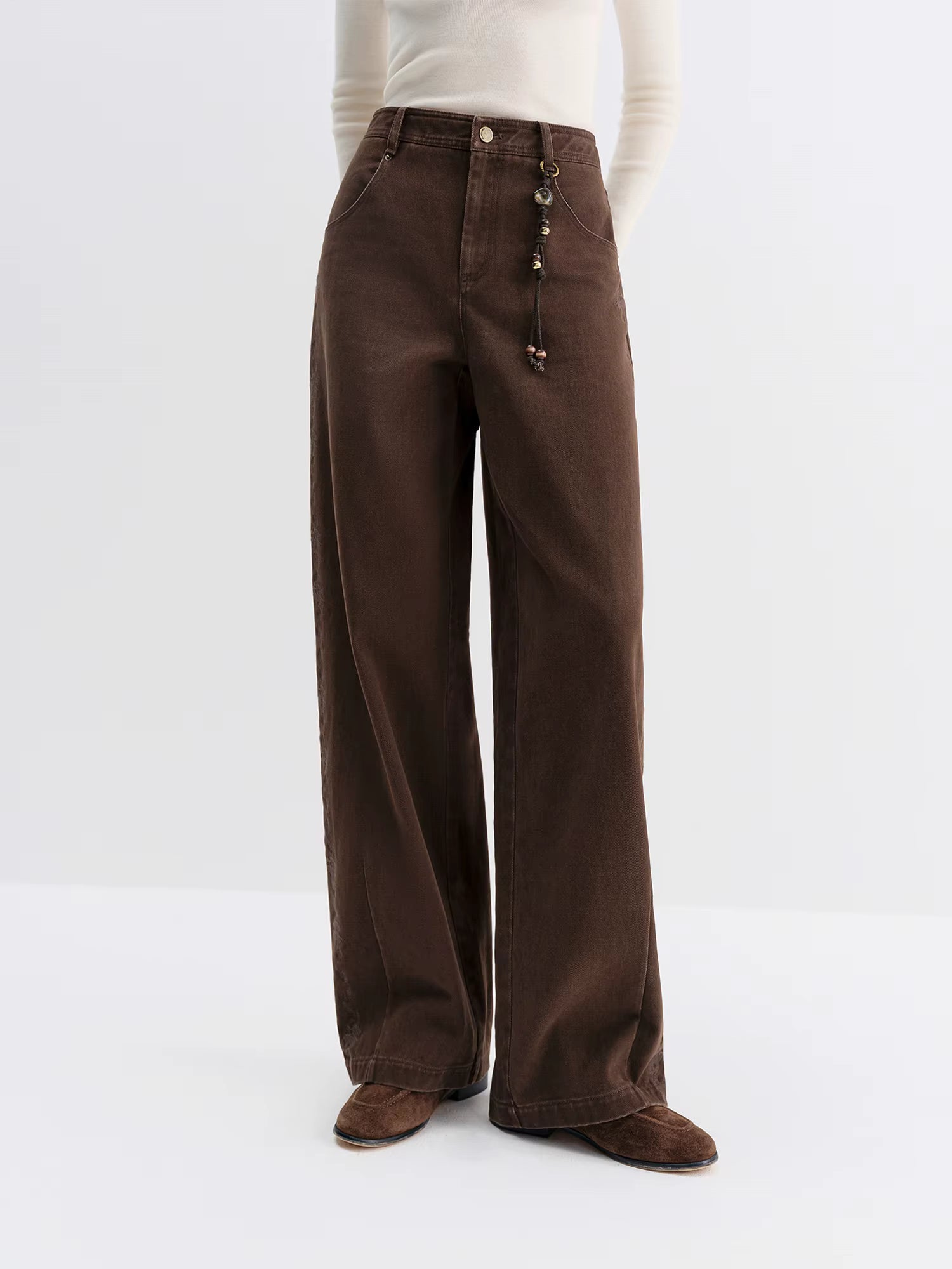 2025 Winter Women's Vintage Washed Embroidered Banana Jeans Curved High Waist Wide Leg Trousers Slim Fit Retro Pants