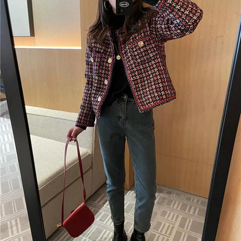 MEXZT Vintage Tweed Jacket Women Elegant Cropped Plaid Blazer Korean Fleece Suit Short Coats Winter Thick Warm Chic Outerwear