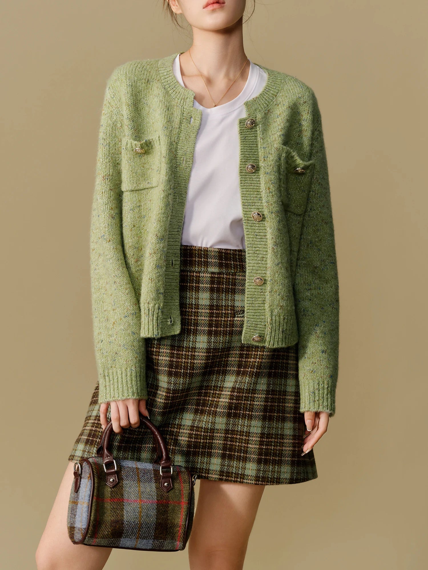 DUSHU Women's Round Neck Knitted Cardigan 2024 Winter New Product Commuting Fashion Sweater Jacket for Women 24DS84155