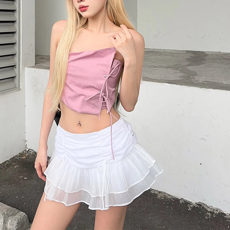 WhereMery Sexy Skirt Mesh Perspective Pleated Mini Skirt Waist Casual Mini Dresses Street Nightclub Summer Women's Short Skirt