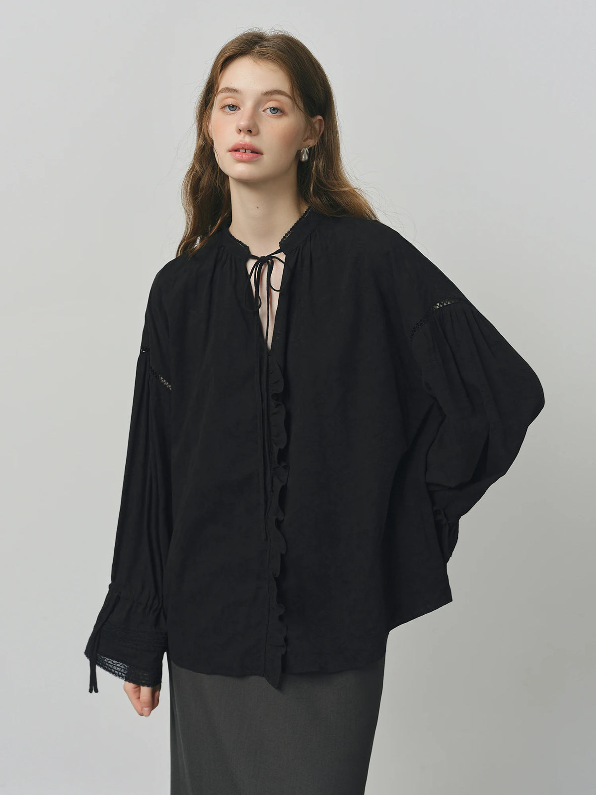 FSLE French Style V-neck Earrings Lace-up Shirt for Women Autumn 2025 New Arrival Long-sleeved Stitching Casual Tops