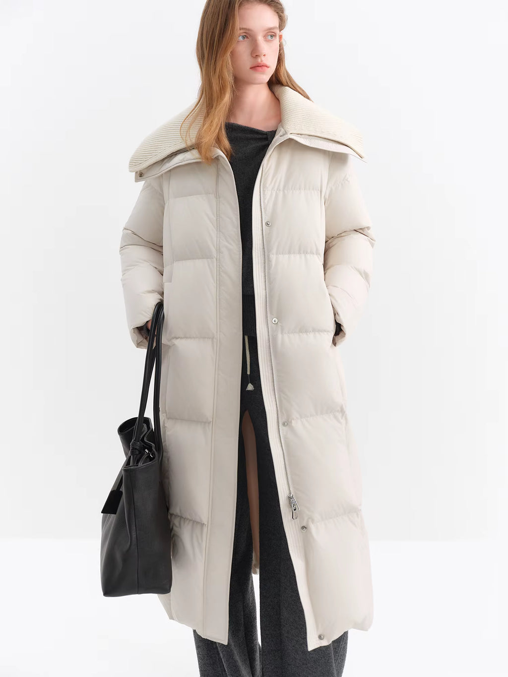 2025 Winter Women's Knit Notch Lapel Long Down Coat - Simple H-Line Design Thermal Insulated Outerwear for Casual Warmth