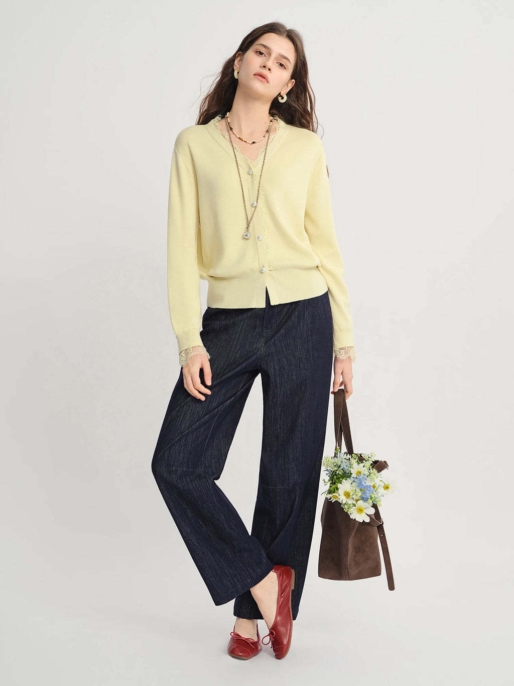 DUSHU Plus Size Lace Trimmed Knit Cardigan Women 2025 Autumn New Arrival V-Neck Yellow Top Elegant Blouse Fashion Outerwear