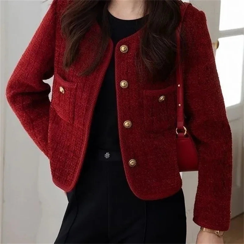 Outerwears Women's Jacket  Women's Jackets New Burgundy Coat Women's Spring and Autumn Temperament Joker Socialite Tweed Coat