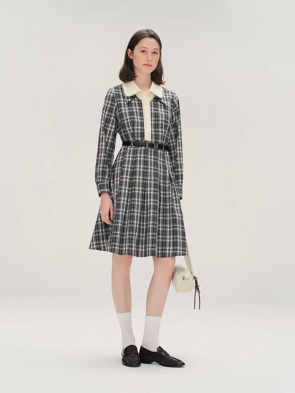 DUSHU Lace Peter Pan Collar Plaid Dress Women 2025 Autumn New Style Long Sleeve Knee Length Vintage Girlish British Style