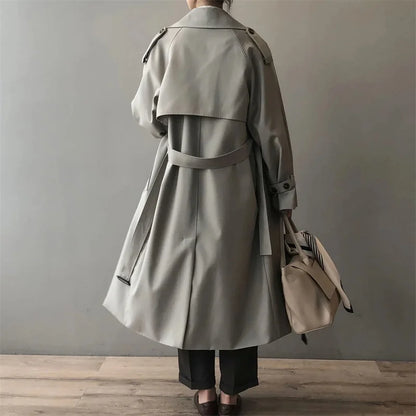 Classic Grey Long Belt Trench Coats Women Korean Double Breasted Gabardina Jackets Streetwear Windbreaker Abrigos Spring Casacos