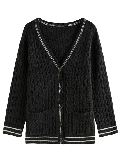 DUSHU Plus Size Two Color Mid-length Knitted Cardigan For Women 2024 Winter New Design Warm Fashion Sweater Coat 24DS84094