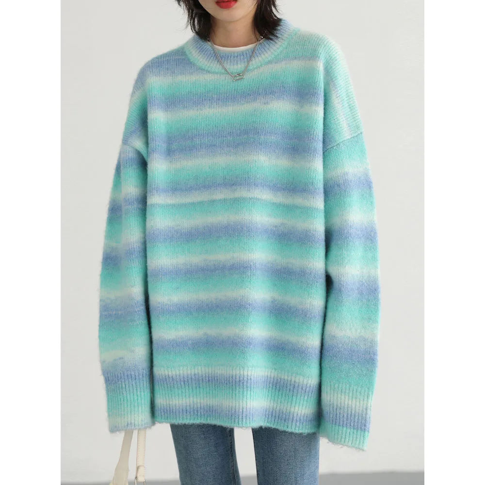 CHIC VEN Fashion Women Sweater Casual Loose Gradient Stripe Pullover Knitwears Female Jumpers Woman Tops Autumn Winter 2023