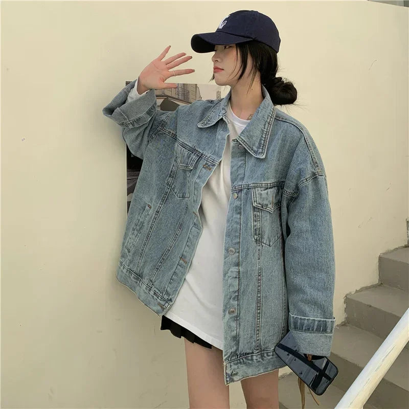 High Street Fashion Oversized Denim Jacket Women Korean Loose Long Sleeve Button Down Jean Jackets Female 2024 New