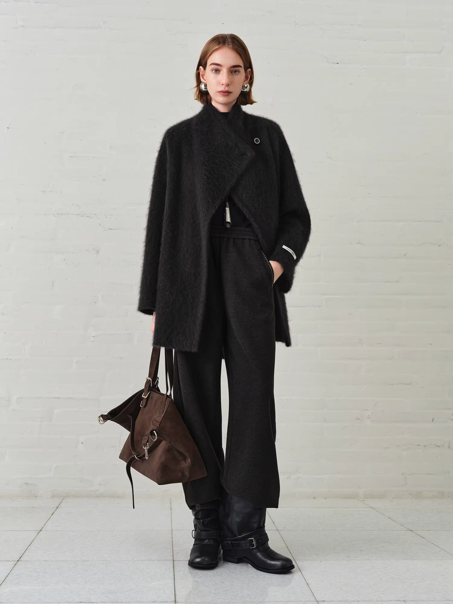 【Premium Series】Women's Brushed Cashmere Short Coat with Asymmetric Placket Stand Collar - Winter Warm Overcoat for Daily