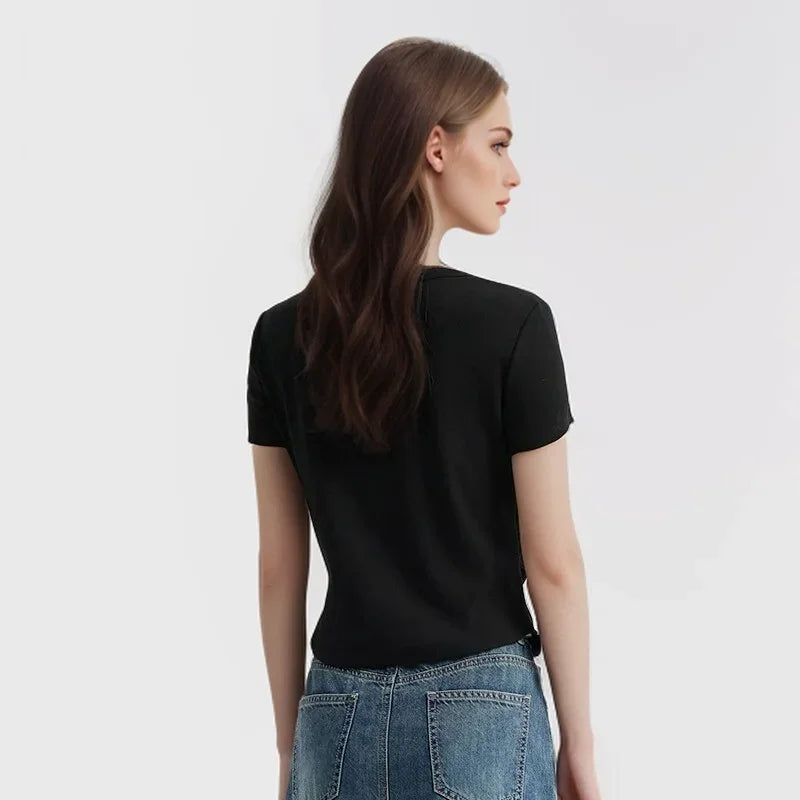 Semir Short Sleeve T-Shirt Women Short Careful Machine Solid Colour Tight 2024 New Summer Large Round Neck Positive Shoulder Pul