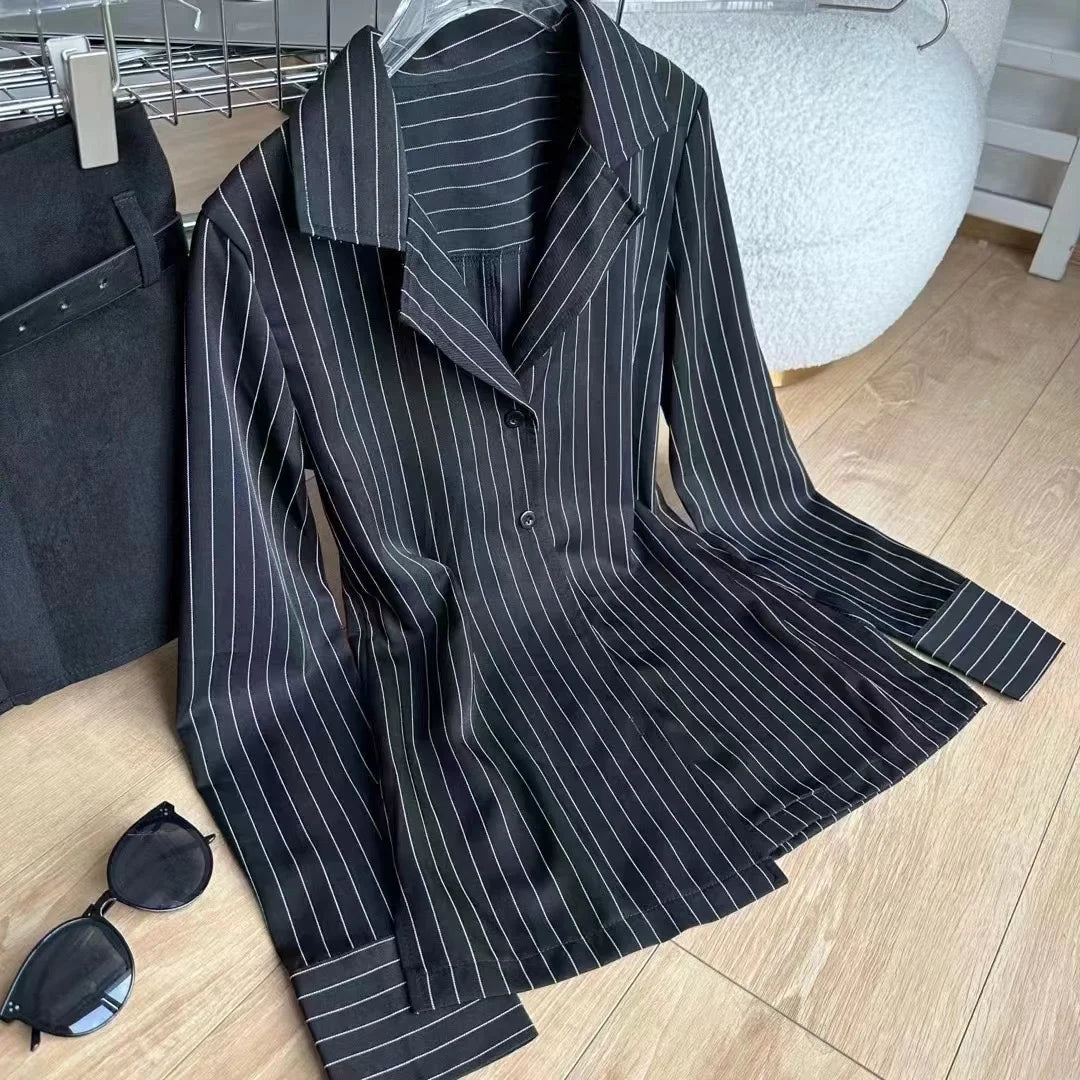Mid-length Shirts Women Long Sleeve Striped Defined Waist Streetwear Korean Fashion All-match Classy Ins Chic Spring Female Tops