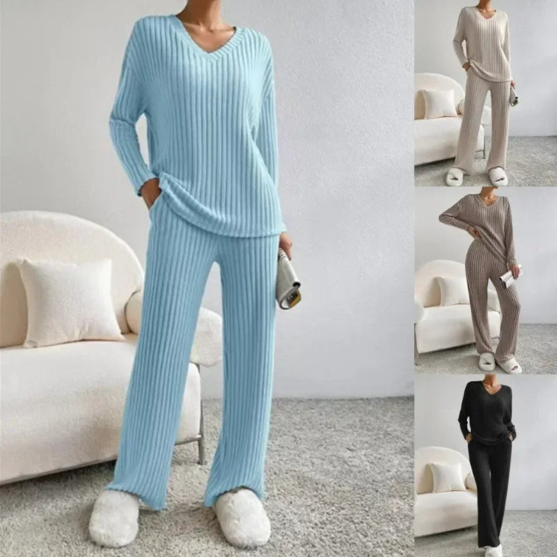 Women's Pajamas Autumn Winter New Casual Straight Pants Pullover Sleepwear Loose V Neck Knitted Home Wear Two Piece Loungewear