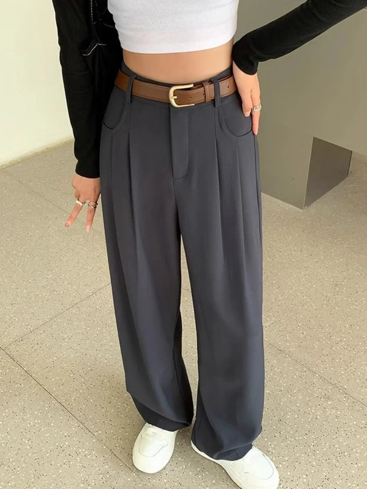 High Waist Wide Leg Pants Women Spring Fall Baggy Black Trouser Office Ladies Full Length Straight Suit Pant Outwear New
