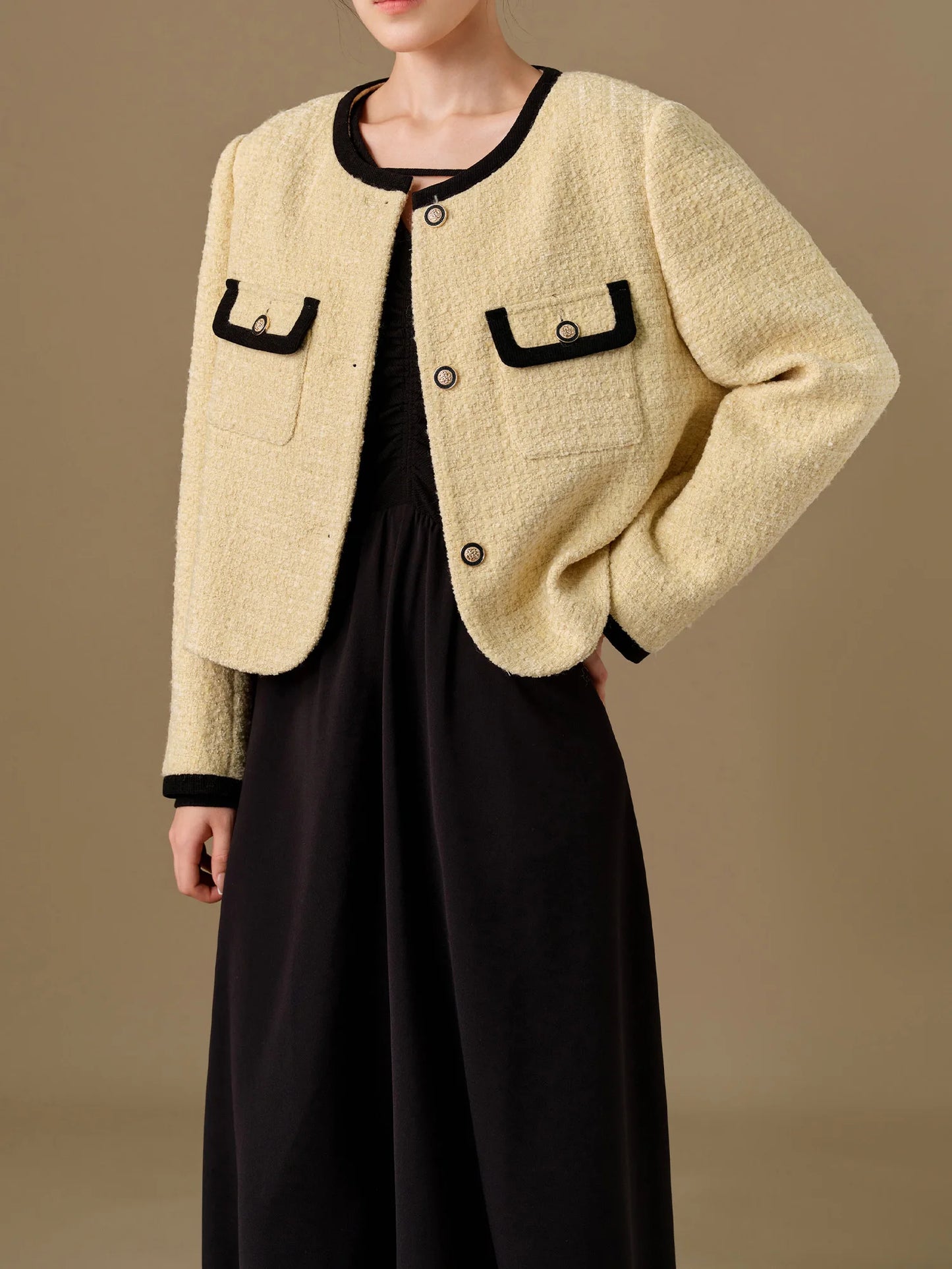 DUSHU 20.9% Wool Women Short Tweed Jacket Light Yellow Gentle Style Female Winter Thicken Single Breasted Coats 24DS84418