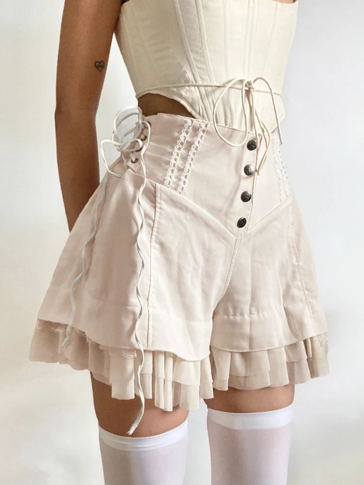 Weekeep Fairycore y2k Ruffles Shorts Cute 2000s Baggy Button Up High Waist Side Bandage Vintage Short Pants Casual Women Outfits