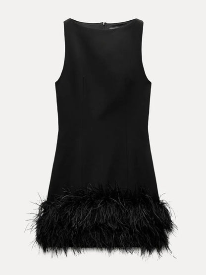 Chic Black O Neck Sleeveless Patchwork Feather Hem Mini Dress Elegant Solid Color Slim Dresses New Woman Club Party Vestidos