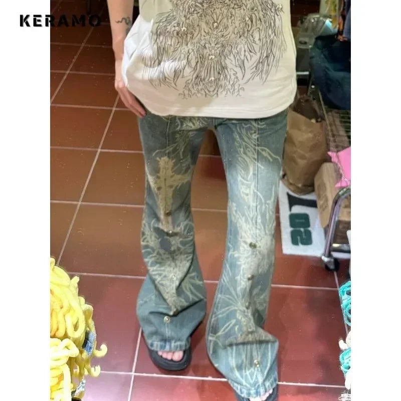 American Vintage High Waist High Street Style Straight Jeans 2024 Fashion Pants Women's Wide Leg Print Y2K Retro Denim Trouser