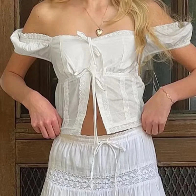Kpop QWEEK Lace Up White Cropped Shirts Woman Corset Off Shouder Blouses Female Short Sleeve Cardigan Summer Korean Fashion Youthful
