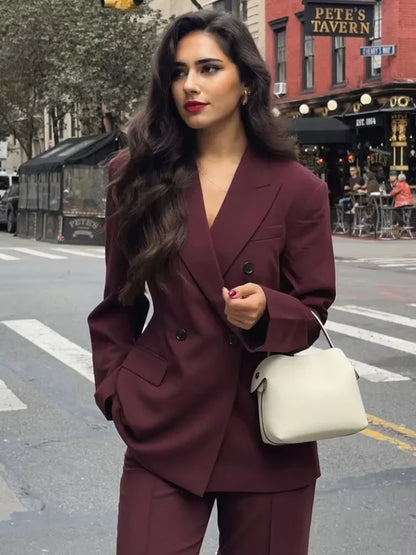 Women Burgundy Red Blazers Coats Vintage Lapel Double Breasted Long Sleeve Suit Jacket 2024 Autumn Elegant Lady Office Outwear