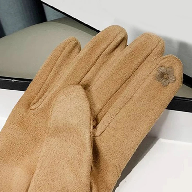 Women Winter Suede Keep Warm Touch Screen Plaid Gloves Fashion Elegant Hairy Wrist Soft Drive Thin Fleece Windproof