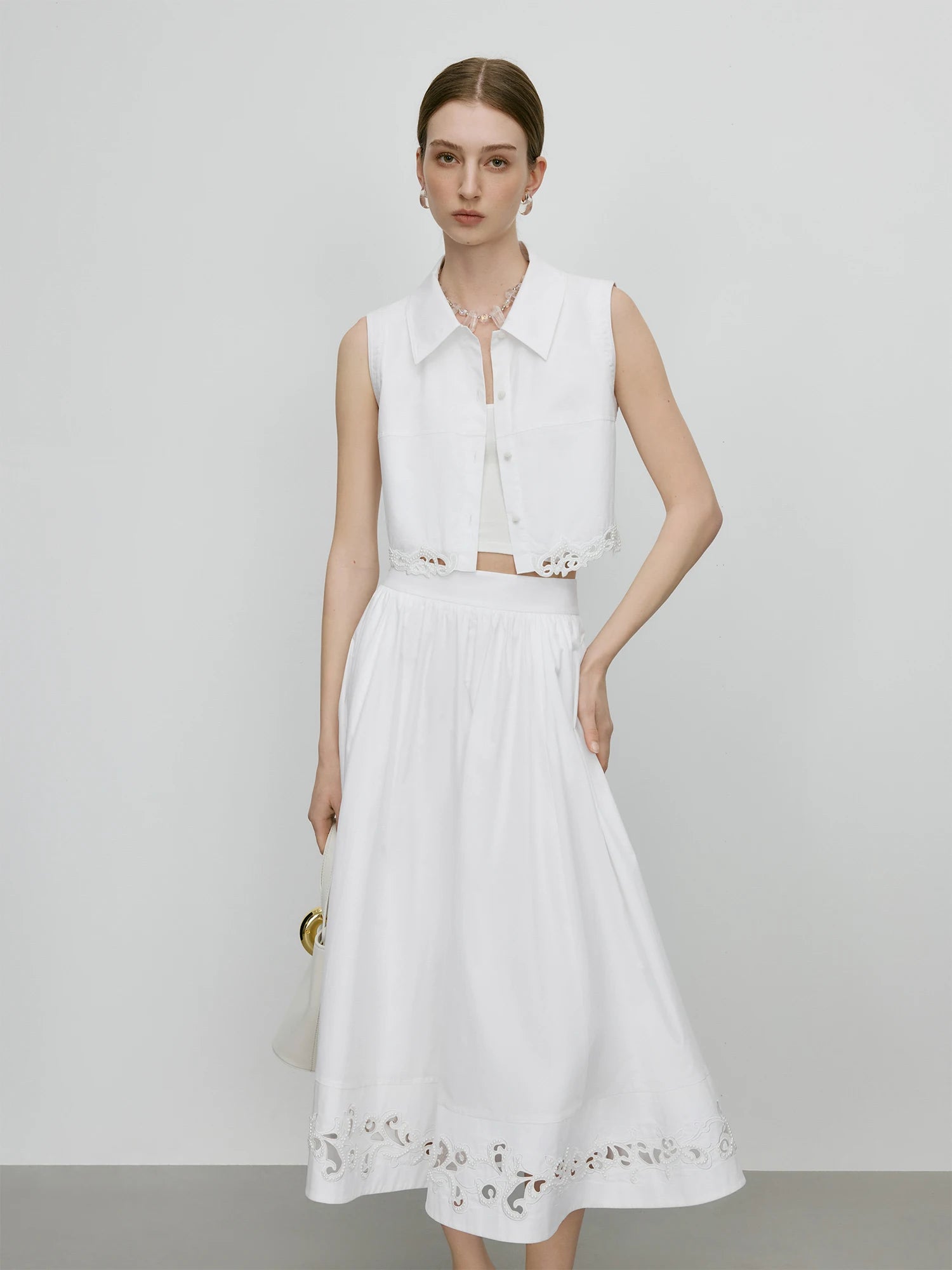 FSLE【Premium Series】100% Cotton Embroidery Design Female Sleeveless Shirt Zipper Waist Long A-LINE Skirts 2025 Summer