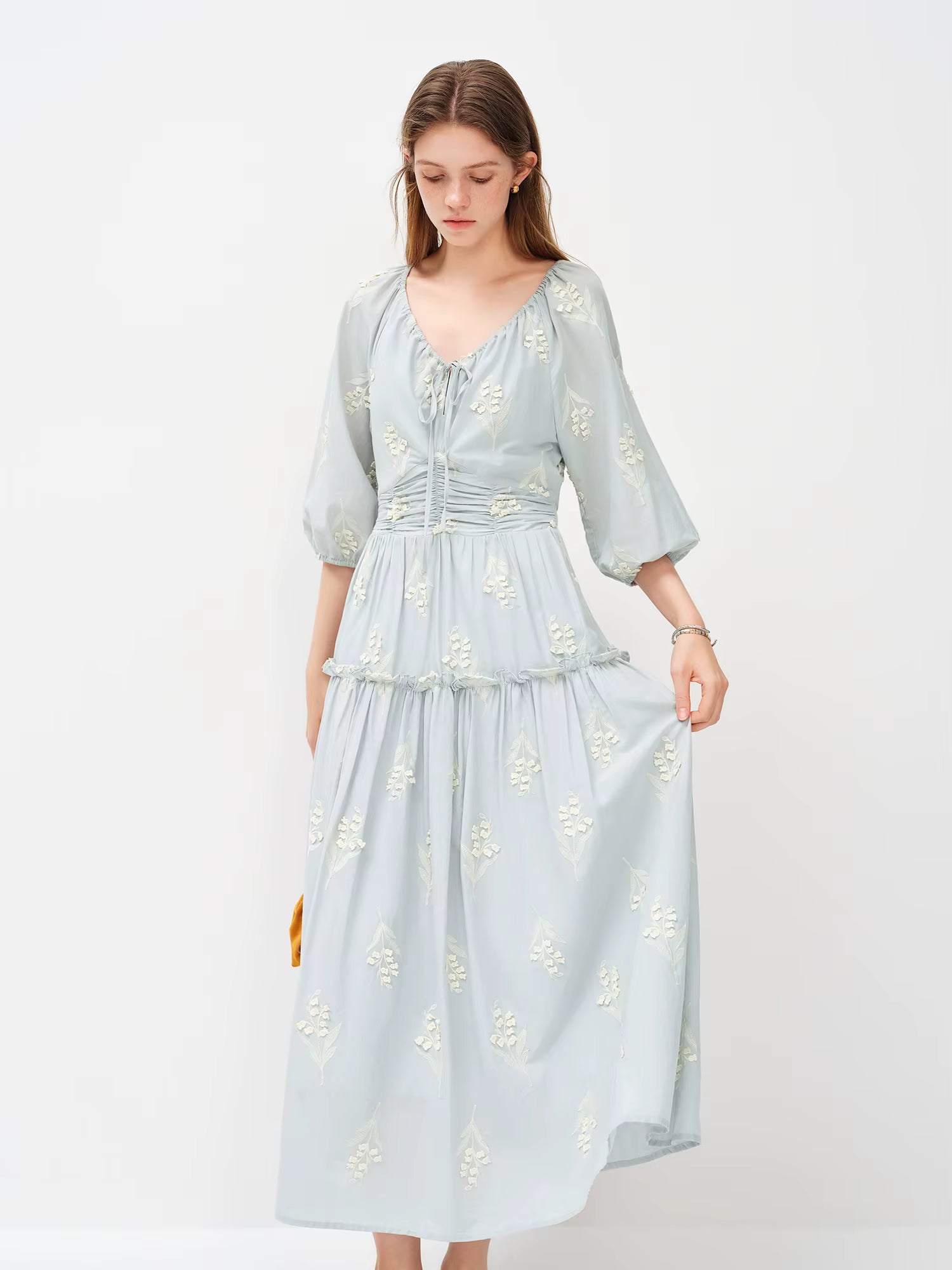 2026 Spring Women's Ethereal Textured Floral Embroidered Dress - Lily of the Valley Inspired Mid-Length Midi for Spring
